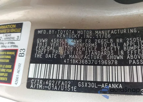 2007 Toyota Avalon Xl из США, поврежденный, VIN 4T1BK36B37U196978